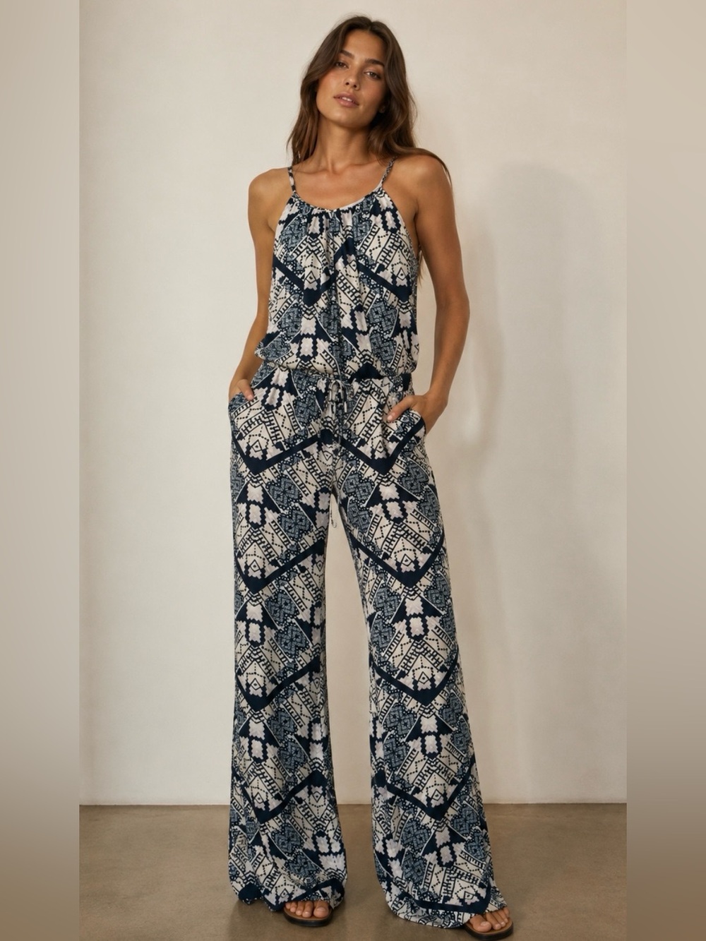 Flynn Skye Blue, Navy & White Boho Print Wide-Leg Jumpsuit